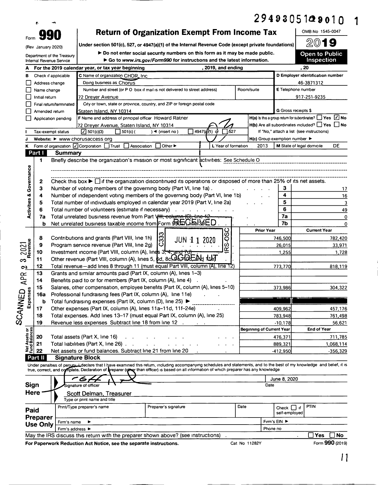 Image of first page of 2019 Form 990 for Chorus