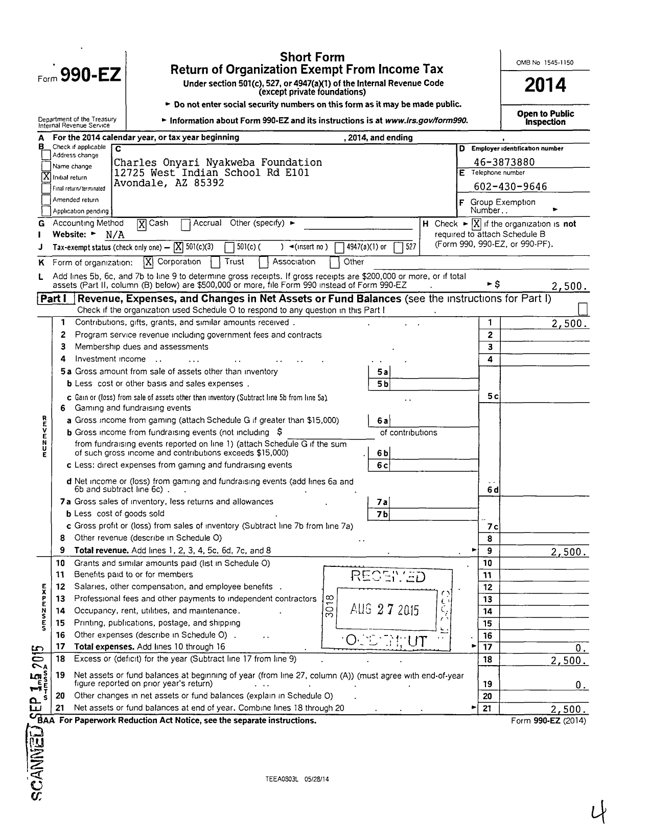 Image of first page of 2014 Form 990EZ for Charles Onyari Nyakweba Foundation