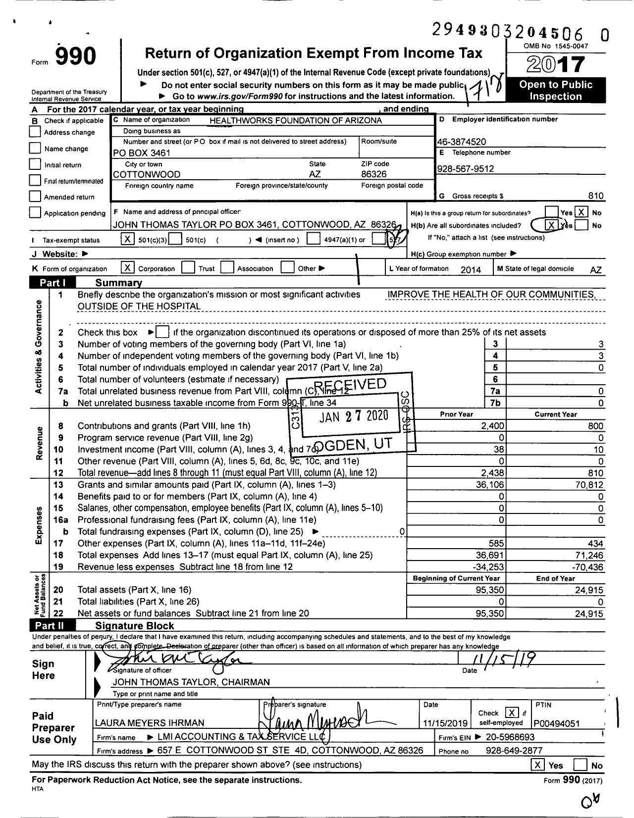 Image of first page of 2017 Form 990 for Healthworks Foundation of Arizona