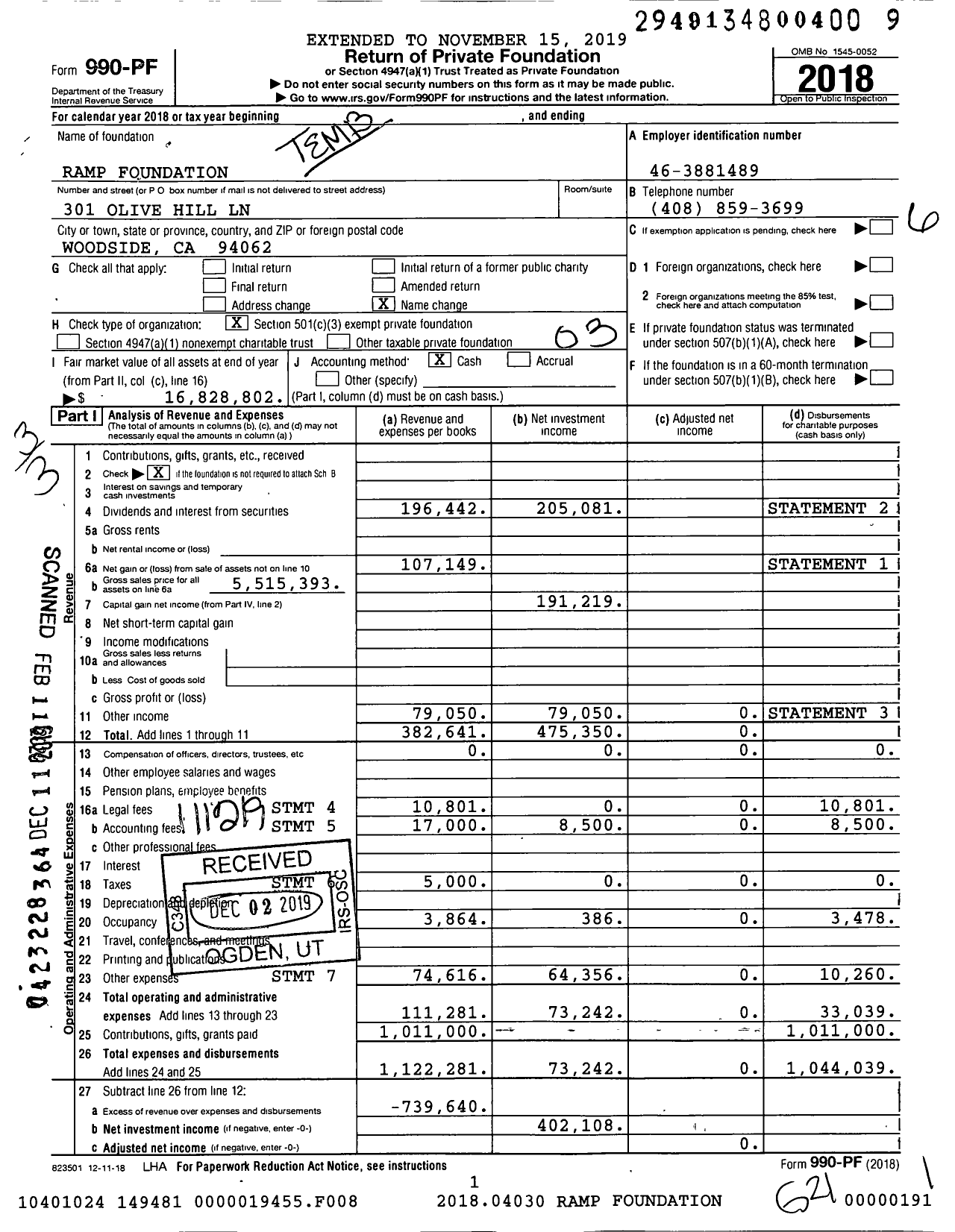 Image of first page of 2018 Form 990PF for Ramp Foundation