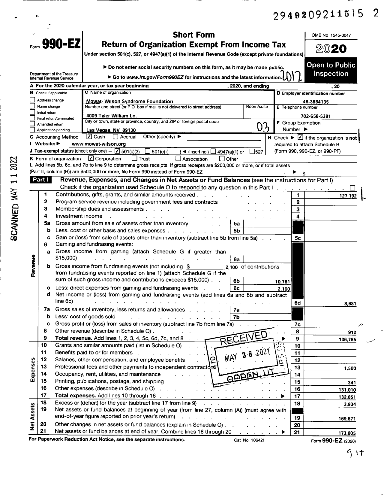 Image of first page of 2020 Form 990EZ for Mowat-Wilson Syndrome Foundation