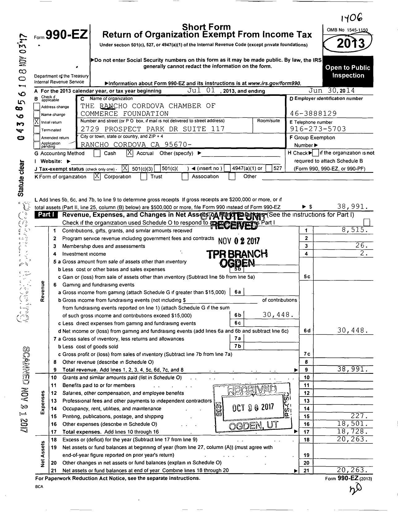 Image of first page of 2013 Form 990EZ for The Rancho Cordova Chamber of Commerce Foundation