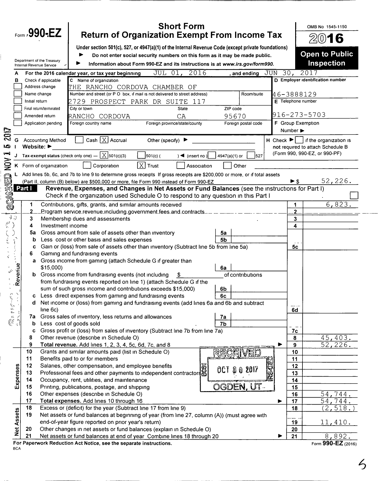 Image of first page of 2016 Form 990EZ for The Rancho Cordova Chamber of Commerce Foundation