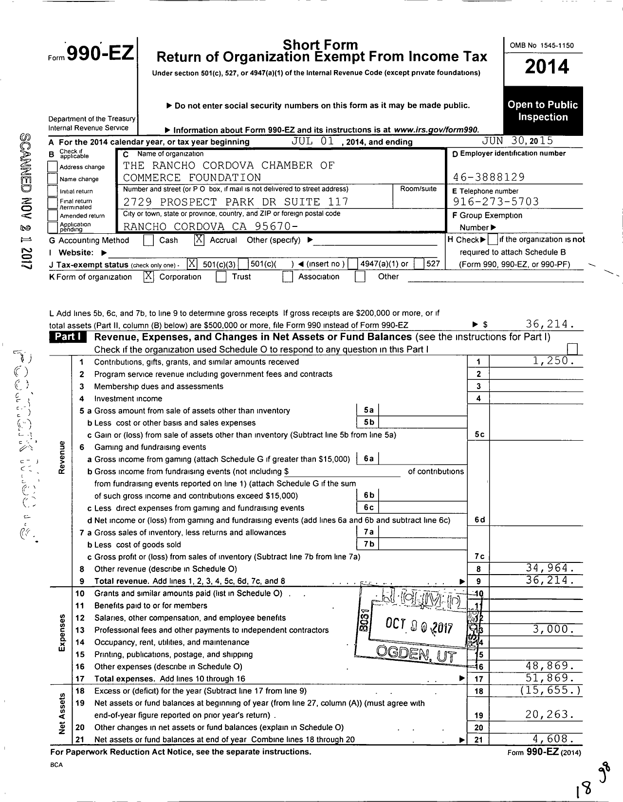 Image of first page of 2014 Form 990EZ for The Rancho Cordova Chamber of Commerce Foundation