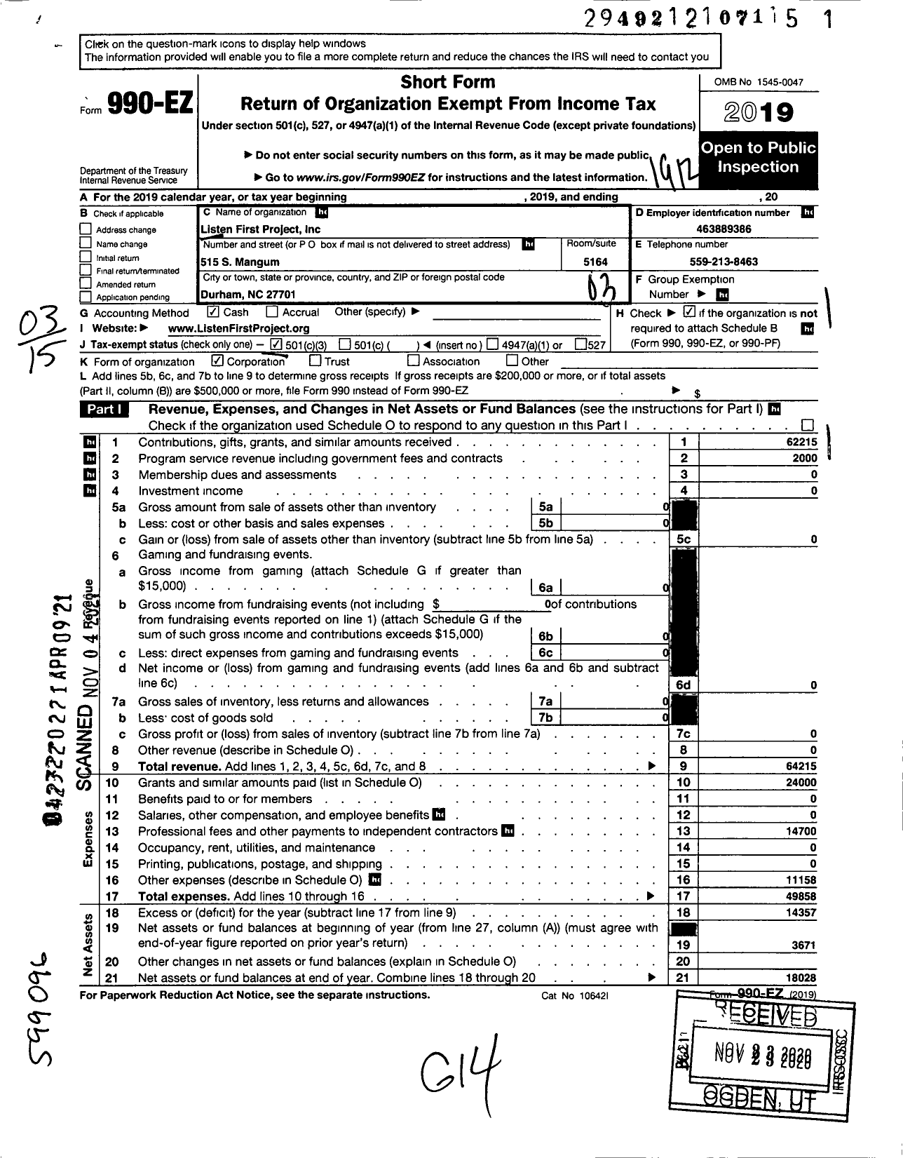 Image of first page of 2019 Form 990EZ for Listen First Project