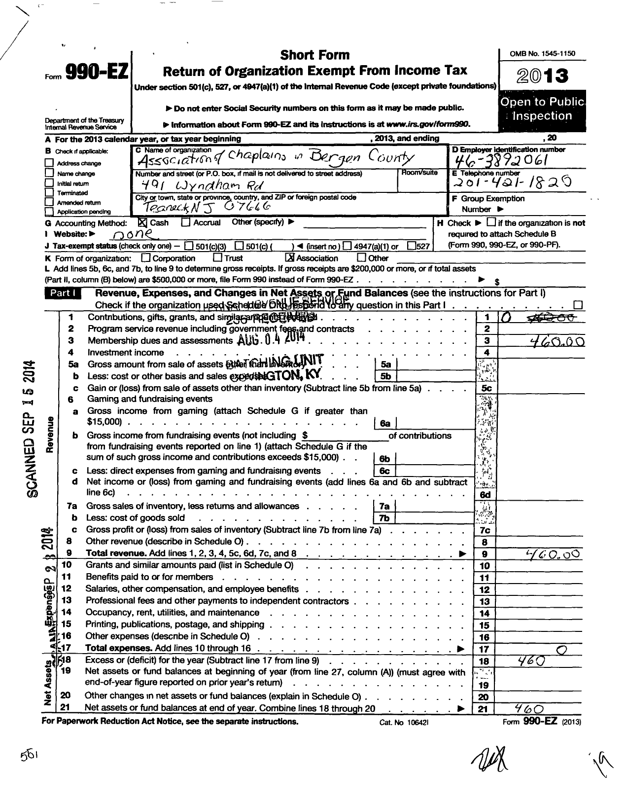 Image of first page of 2013 Form 990EO for Association of Chaplains in Bergen County