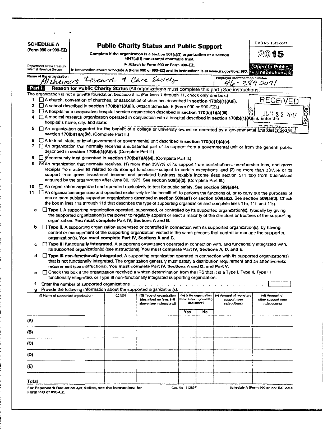 Image of first page of 2015 Form 990ER for Alzheimers Research and Care Society