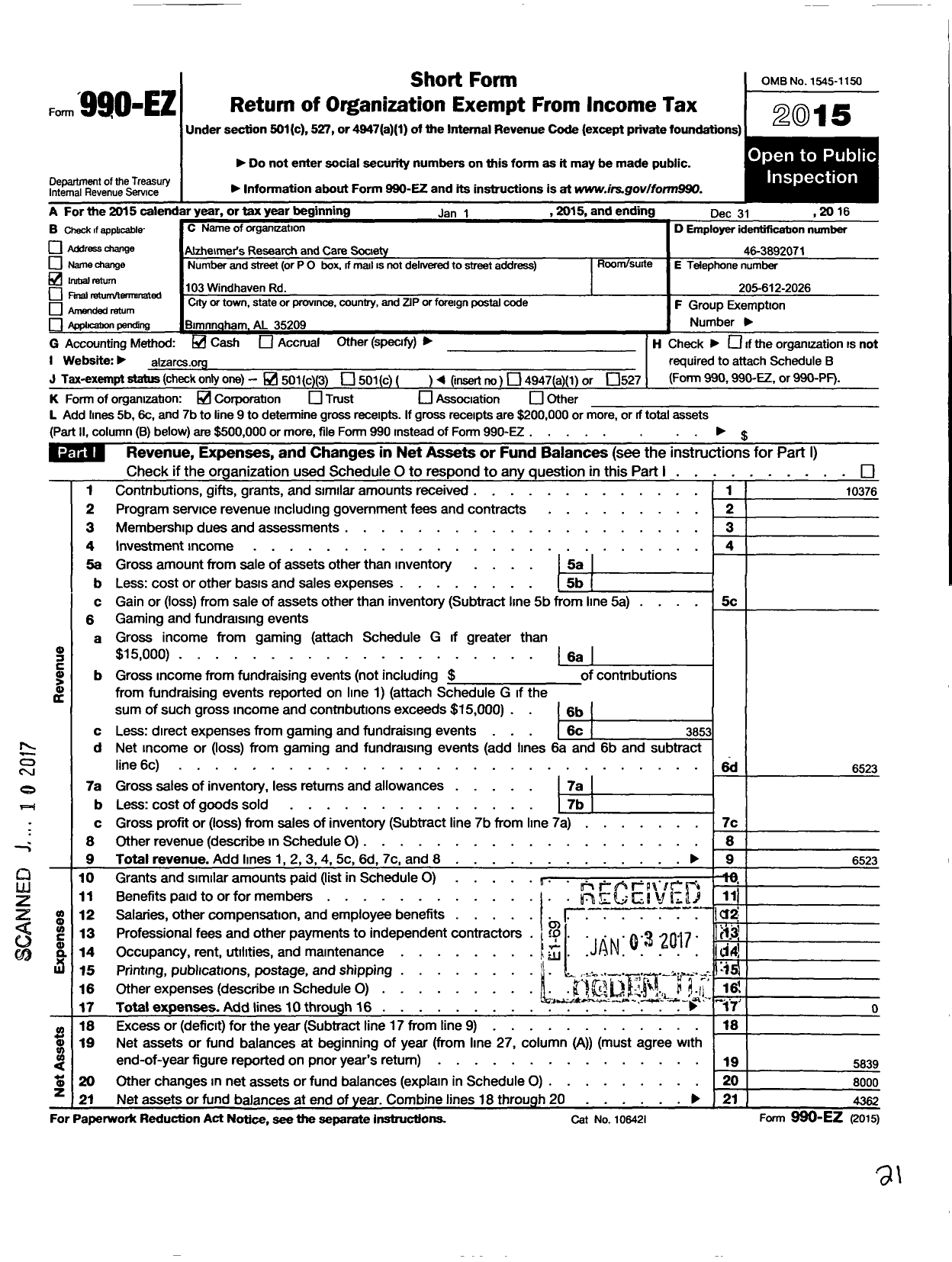 Image of first page of 2016 Form 990EZ for Alzheimers Research and Care Society