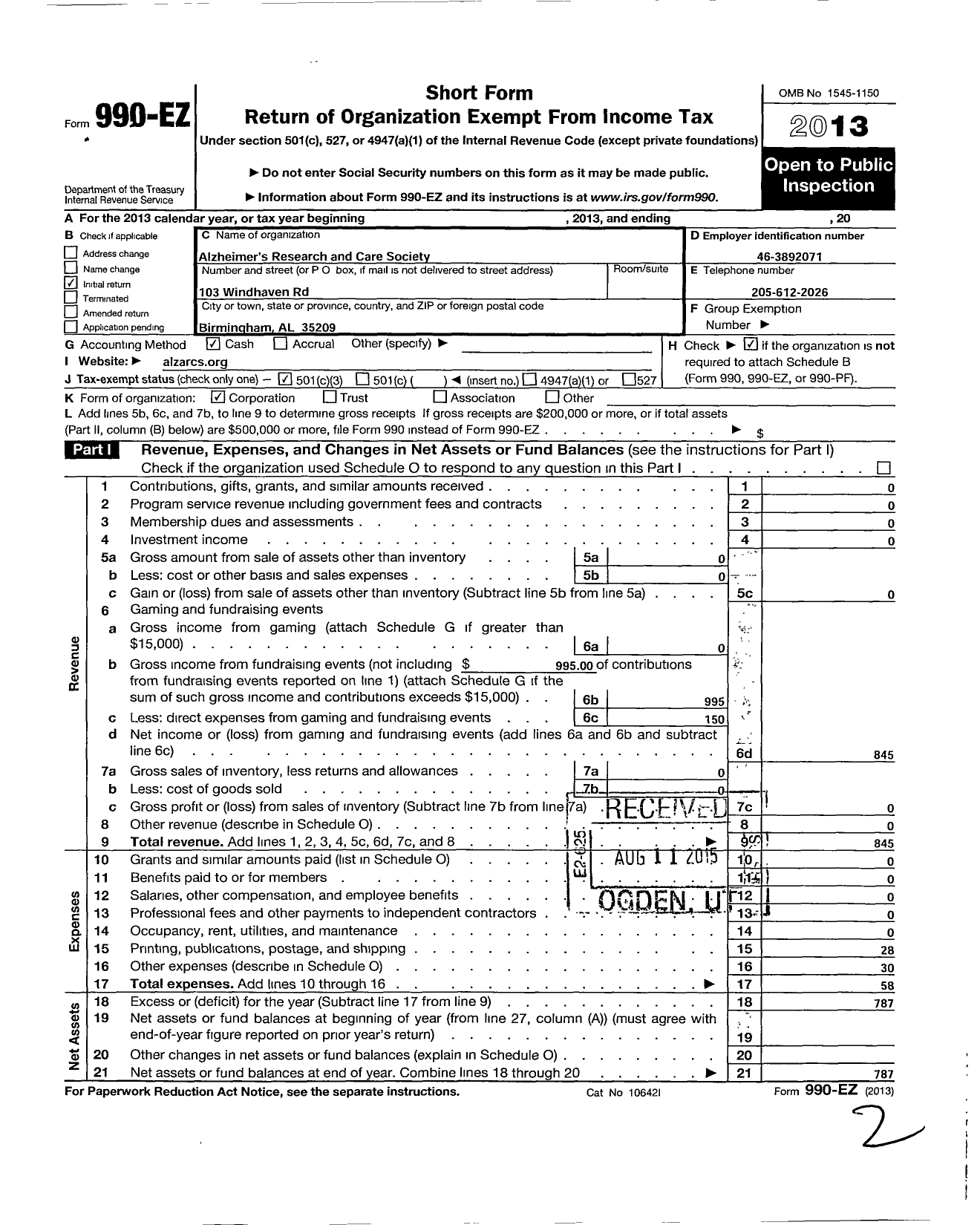 Image of first page of 2013 Form 990EZ for Alzheimers Research and Care Society