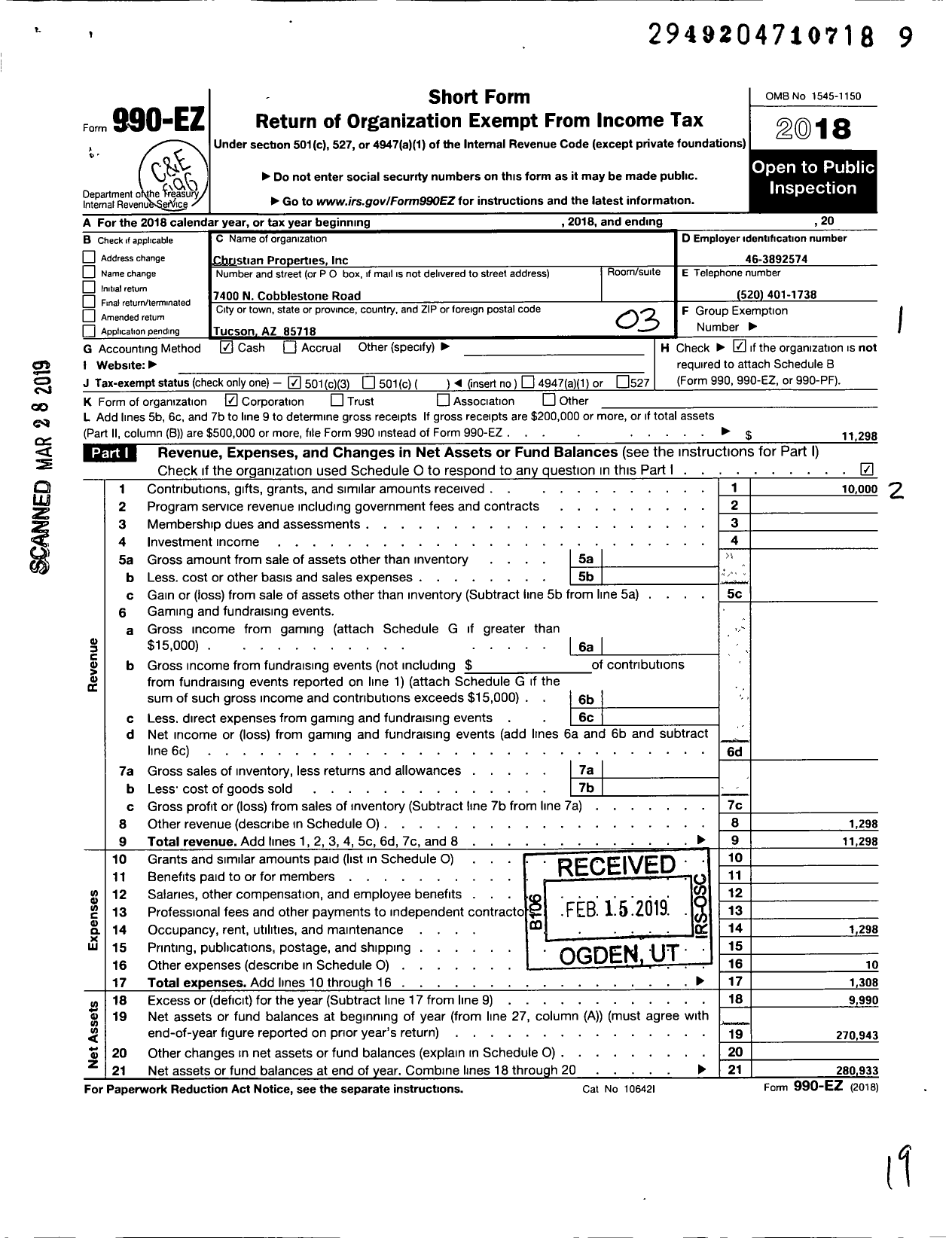 Image of first page of 2018 Form 990EZ for Christian Properties