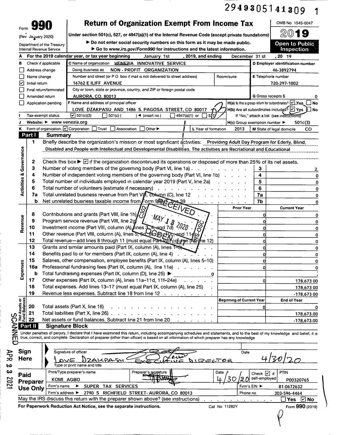 Image of first page of 2019 Form 990 for Venezia Innovative Services