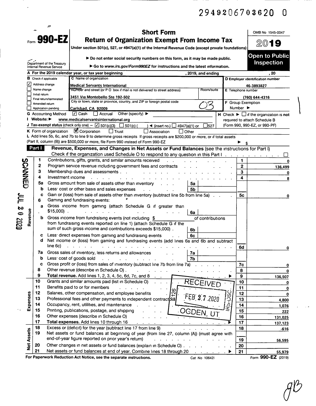 Image of first page of 2019 Form 990EZ for Medical Servants International