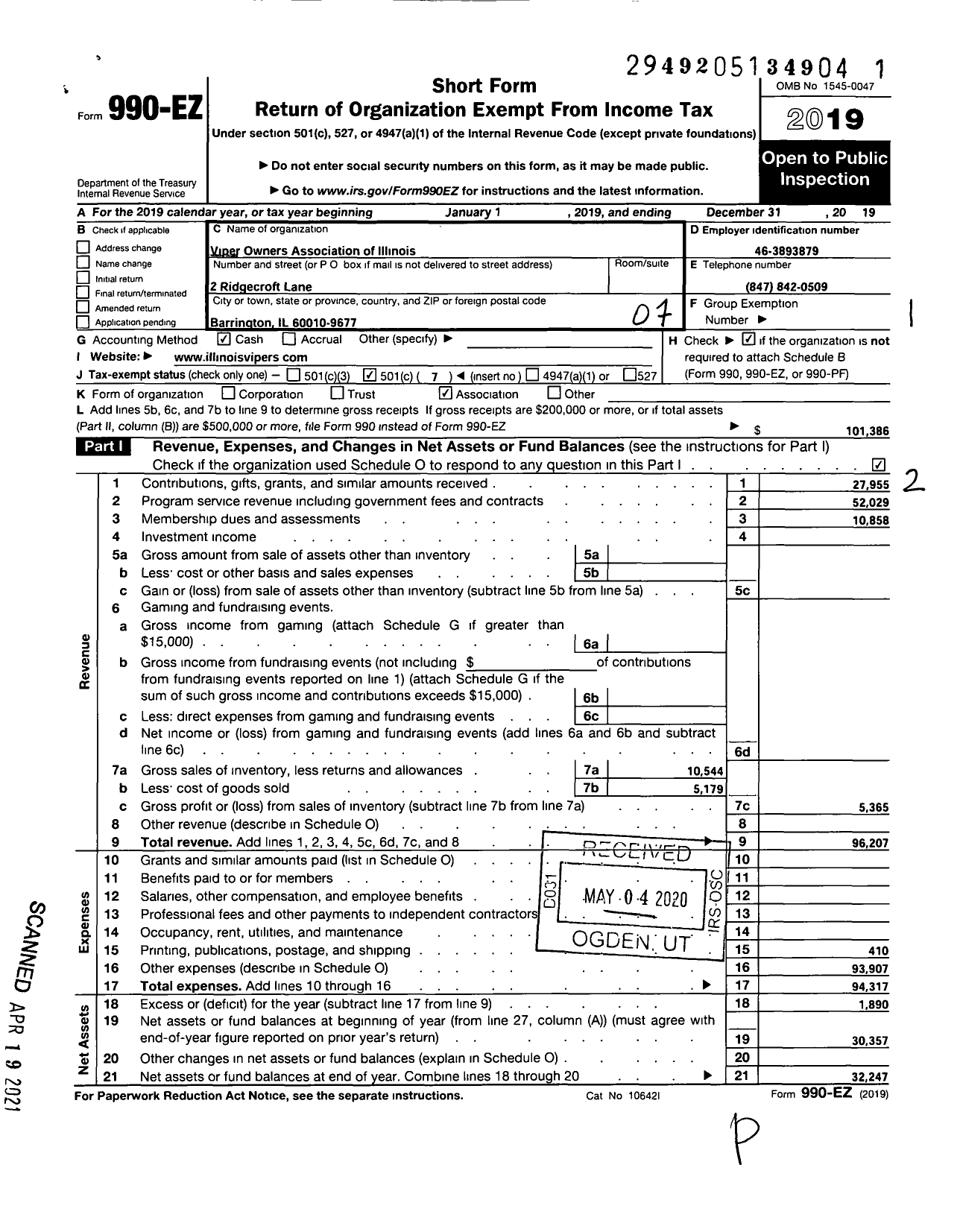 Image of first page of 2019 Form 990EO for Viper Owners Association of Illinois