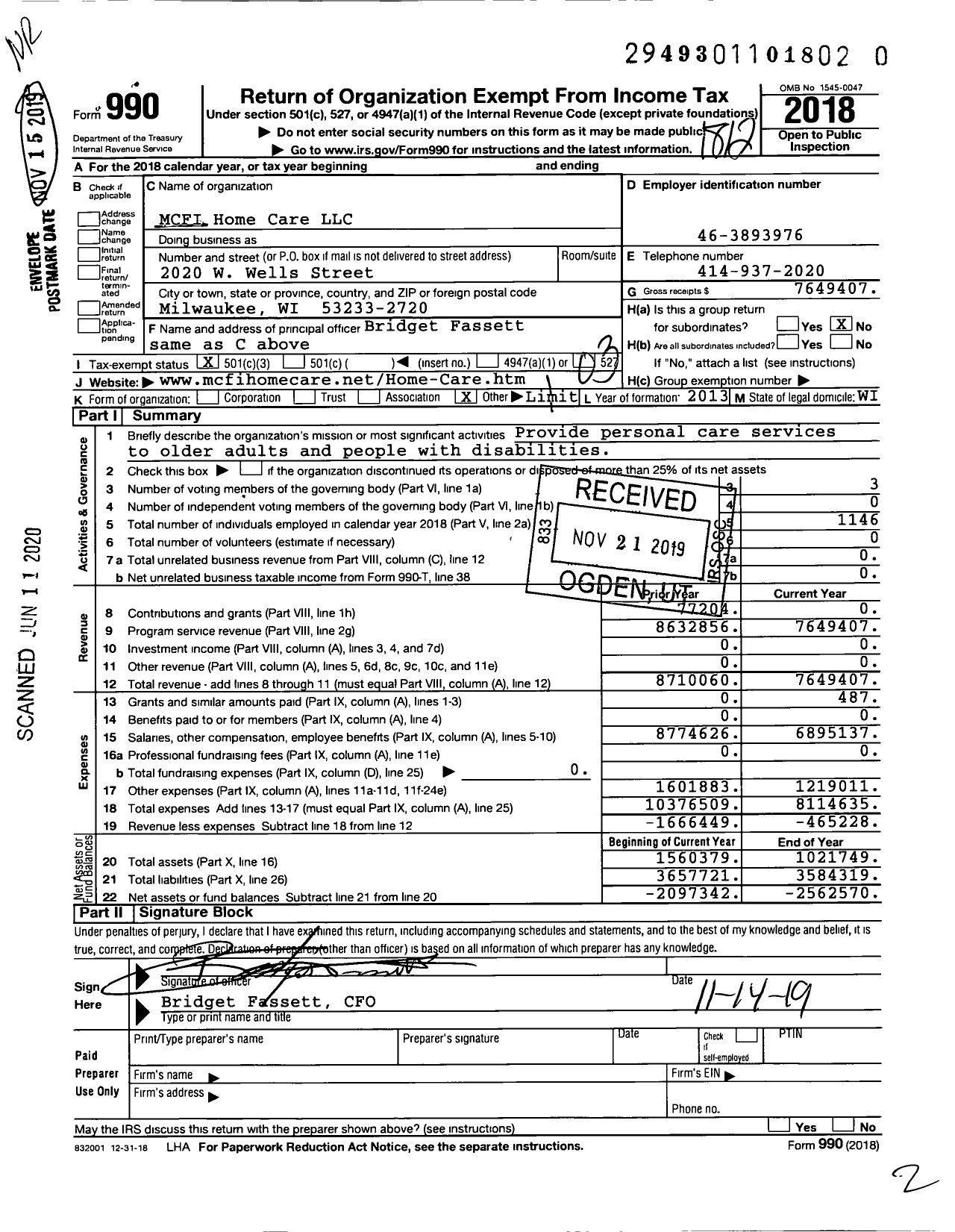 Image of first page of 2018 Form 990 for MCFI Home Care