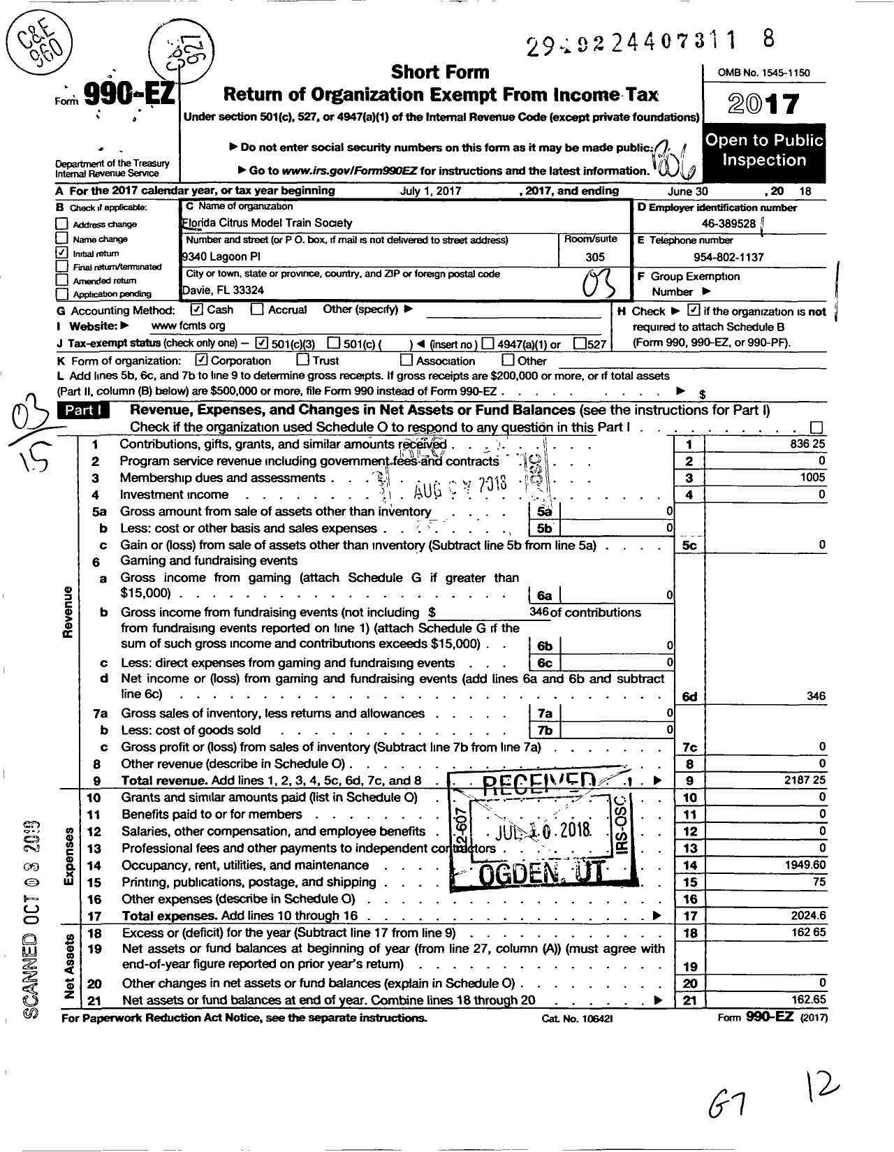 Image of first page of 2017 Form 990EZ for Florida Citrus Model Train Society