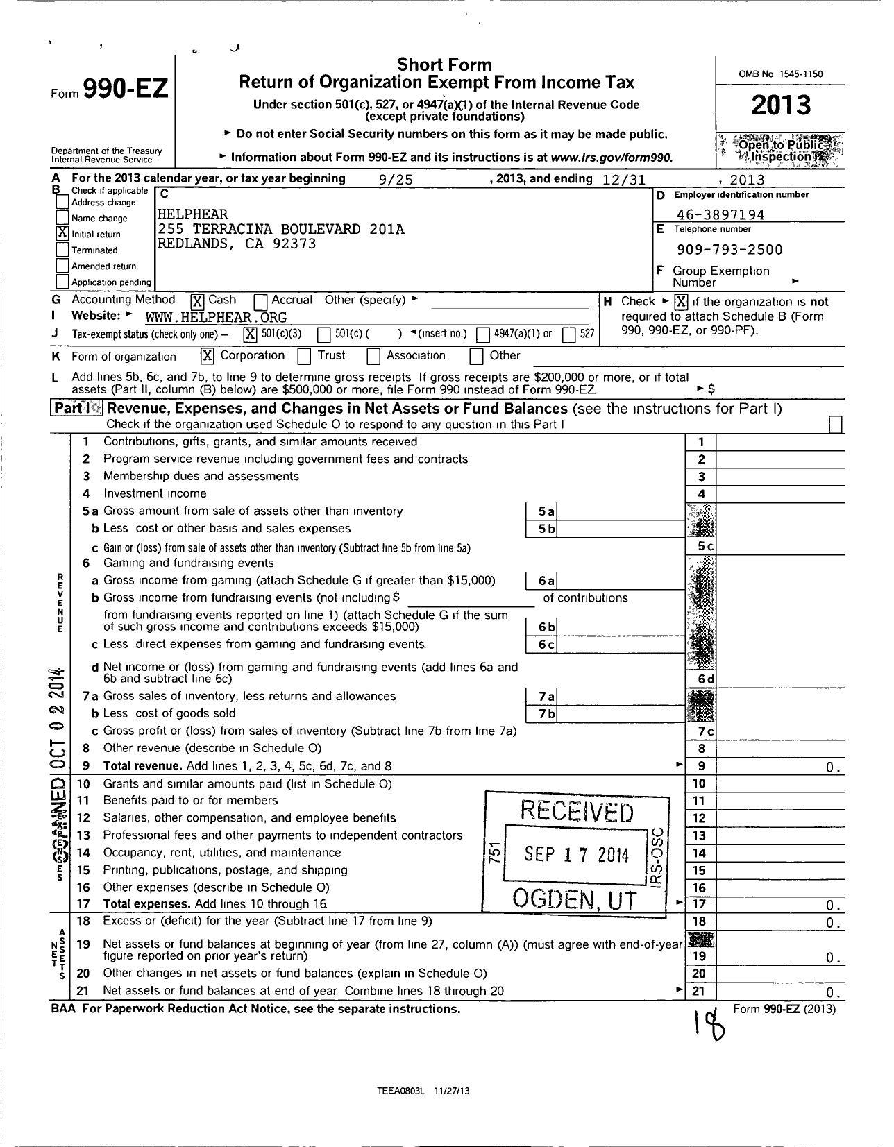 Image of first page of 2013 Form 990EZ for HelpHear