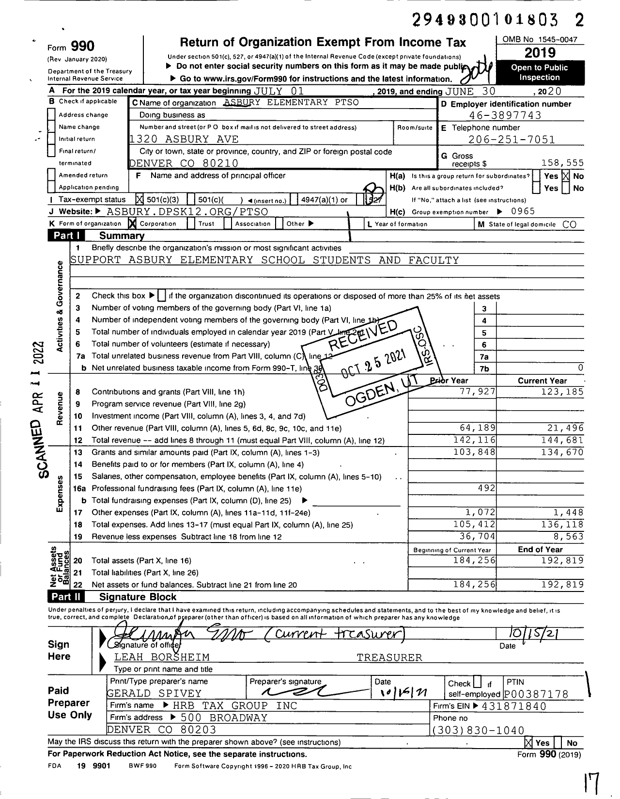 Image of first page of 2019 Form 990 for Asbury Elementary PTSO