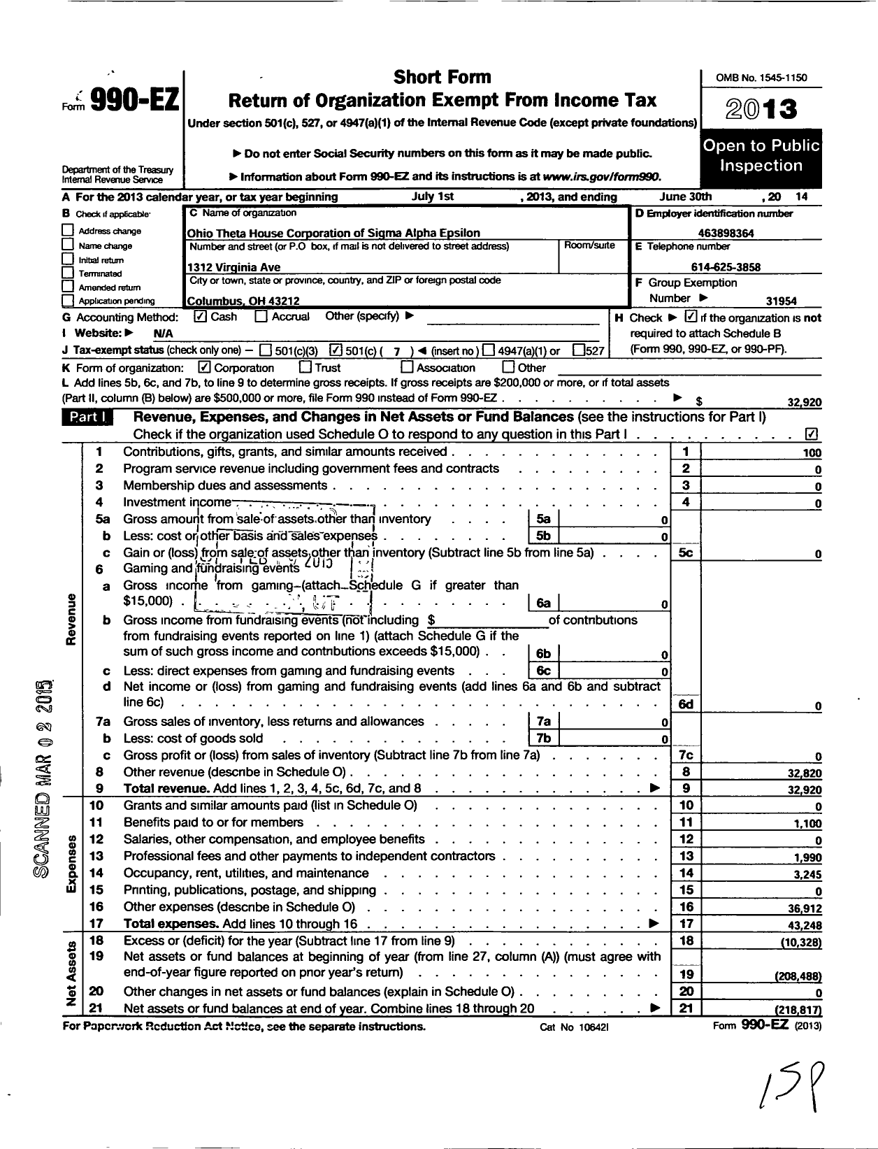 Image of first page of 2013 Form 990EO for Ohio Theta House Corporation of Sigma Alpha Epsilon