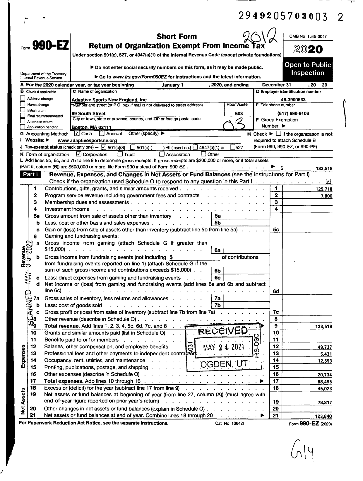 Image of first page of 2020 Form 990EZ for Adaptive Sports New England