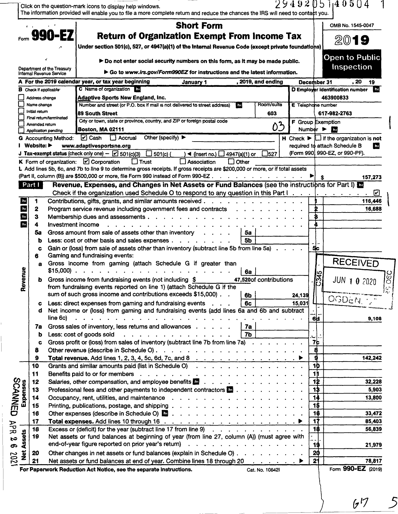 Image of first page of 2019 Form 990EZ for Adaptive Sports New England