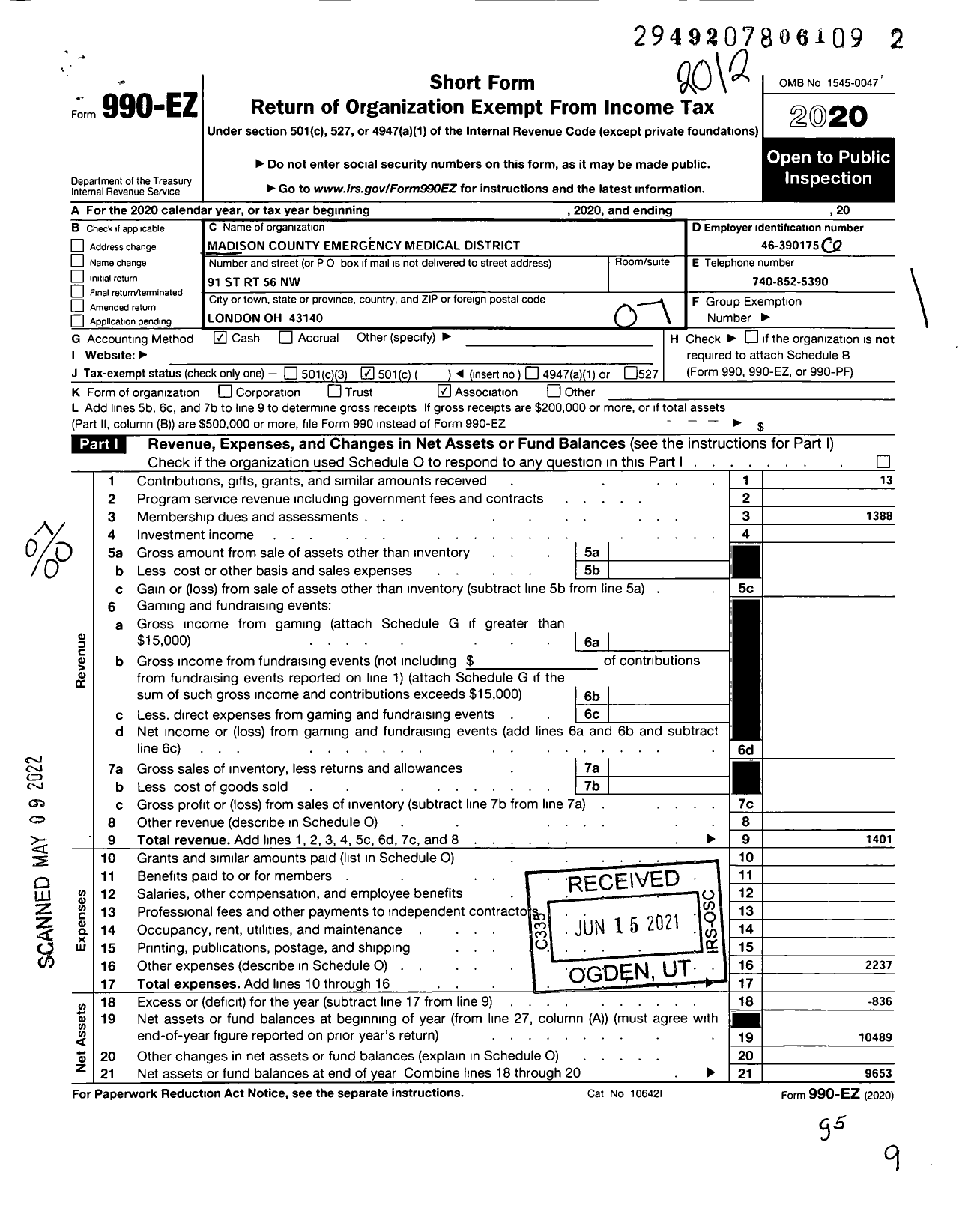 Image of first page of 2020 Form 990EO for Madison County Emergency Medical Personnel Association