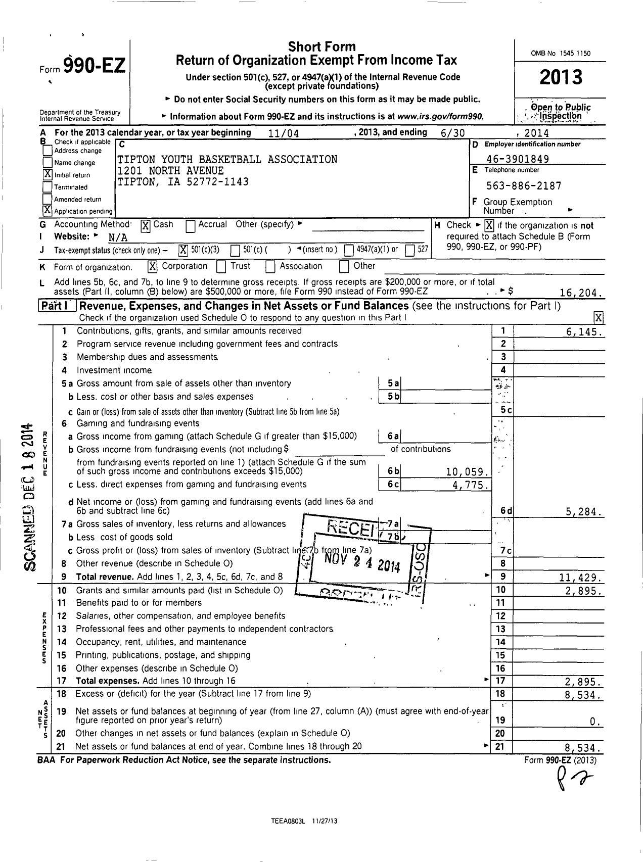 Image of first page of 2013 Form 990EZ for Tipton Youth Basketball Association