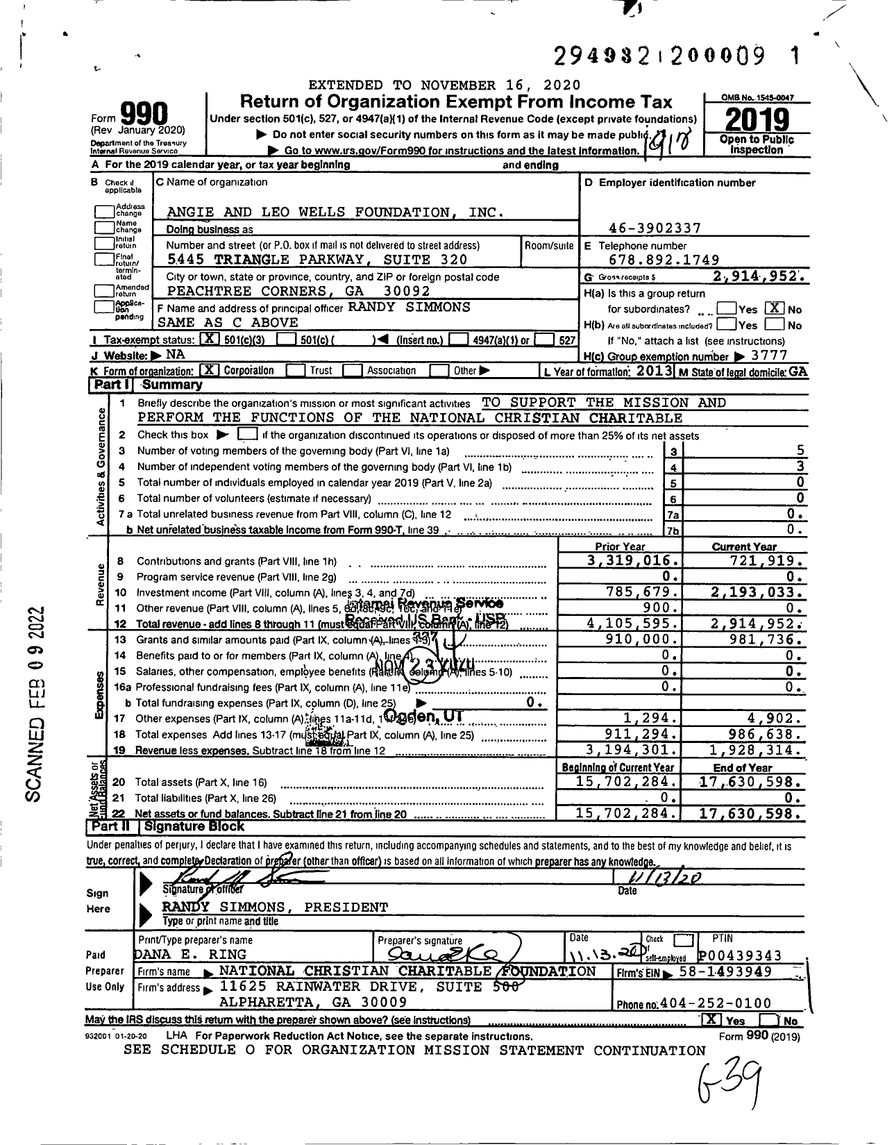 Image of first page of 2019 Form 990 for Angie and Leo Wells Foundation