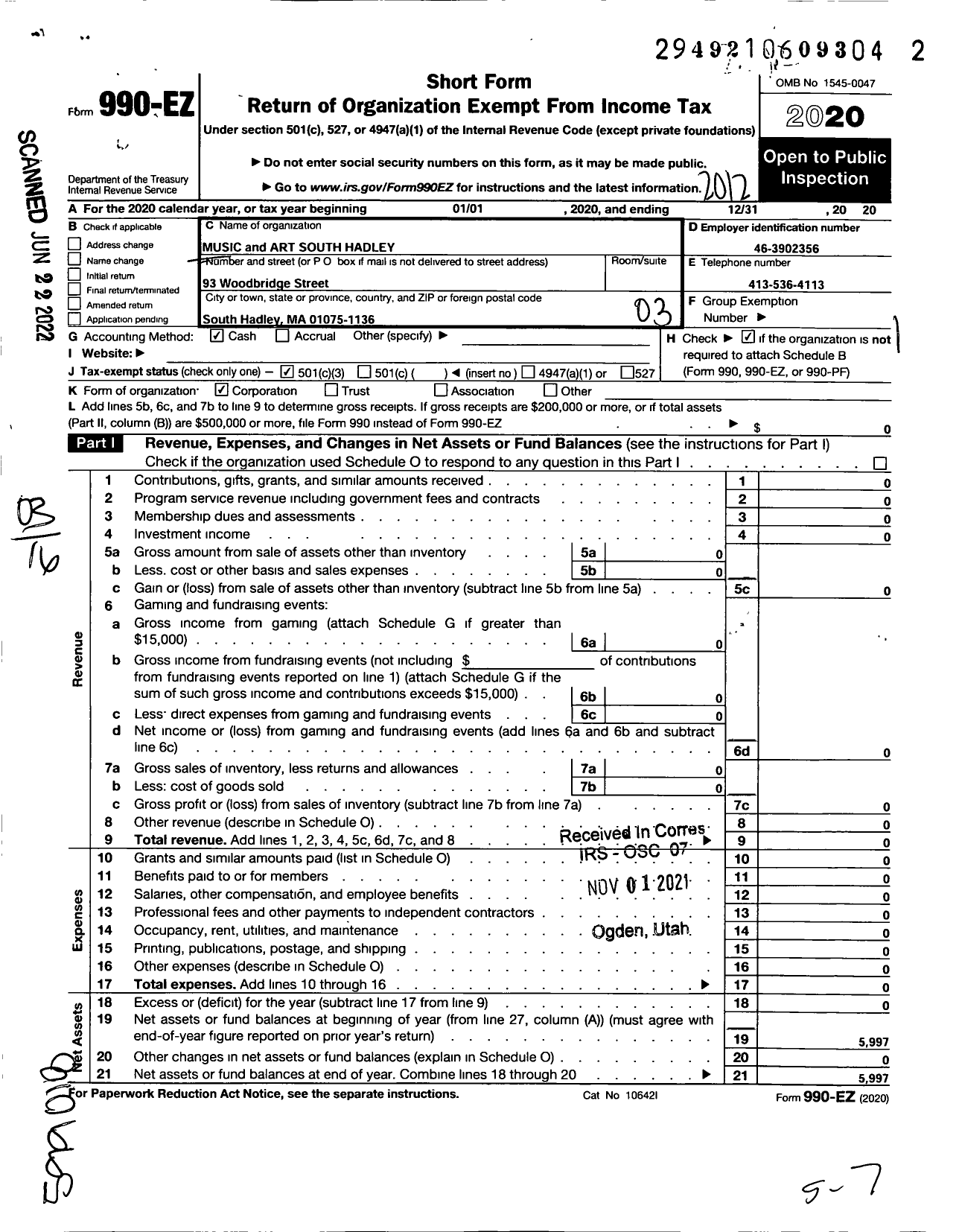 Image of first page of 2020 Form 990EZ for Music Arts South Hadley