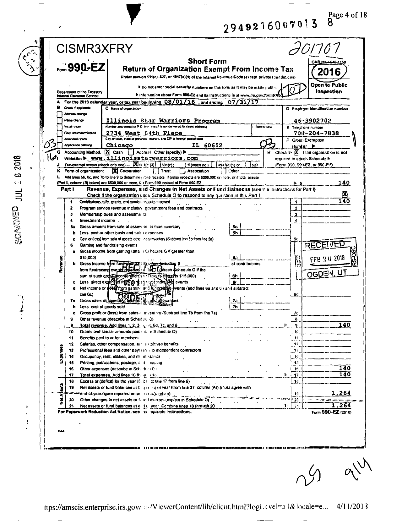 Image of first page of 2016 Form 990EZ for Illinois Star Warriors Program