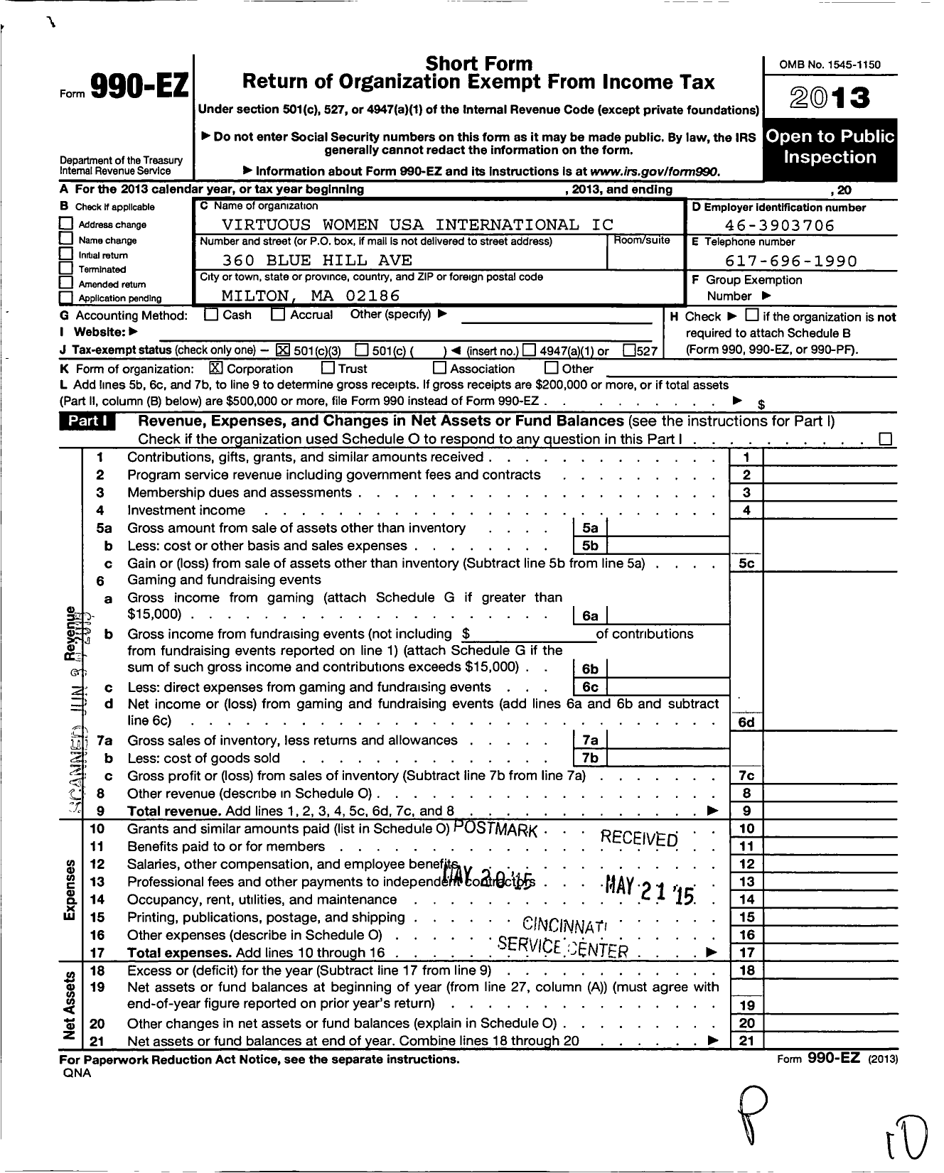 Image of first page of 2013 Form 990EZ for Virtuous Women USA International