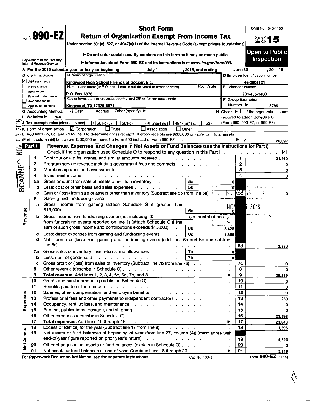 Image of first page of 2015 Form 990EZ for Kingwood High School Friends of Soccer