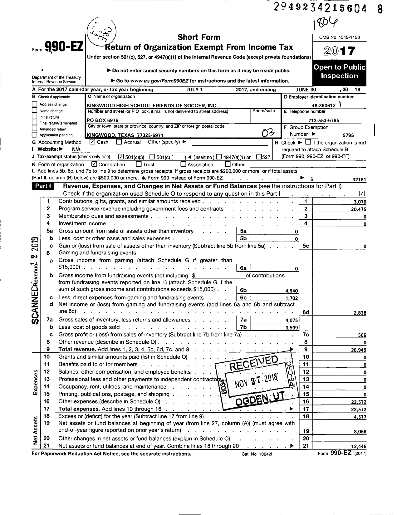 Image of first page of 2017 Form 990EZ for Kingwood High School Friends of Soccer