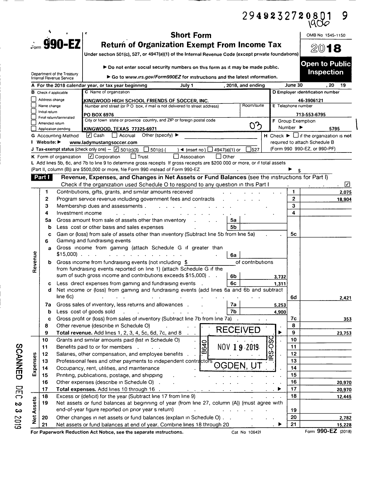 Image of first page of 2018 Form 990EZ for Kingwood High School Friends of Soccer