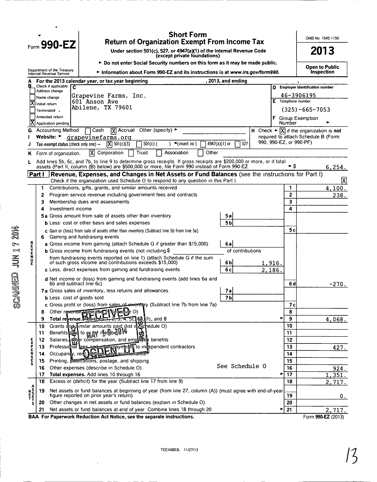 Image of first page of 2013 Form 990EZ for Grapevine Farms