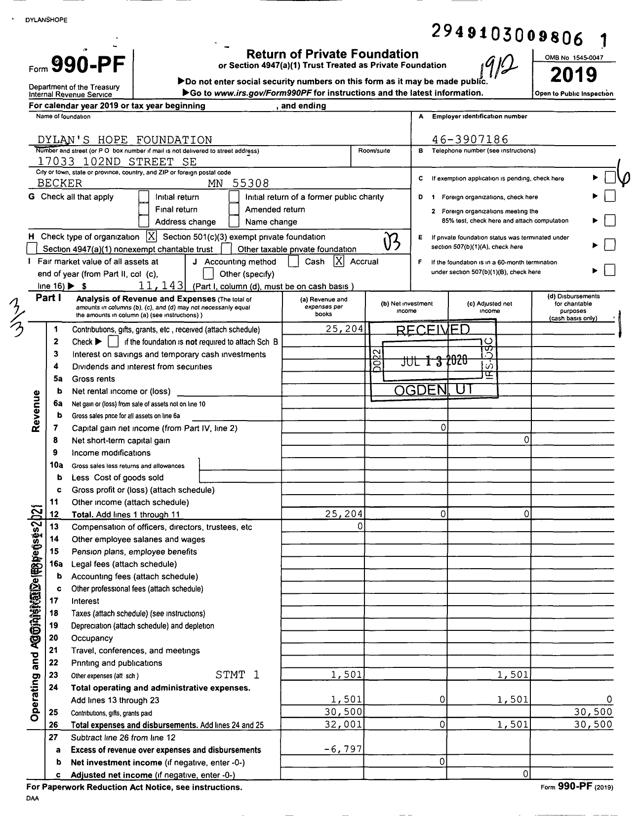 Image of first page of 2019 Form 990PF for Dylan's Hope Foundation