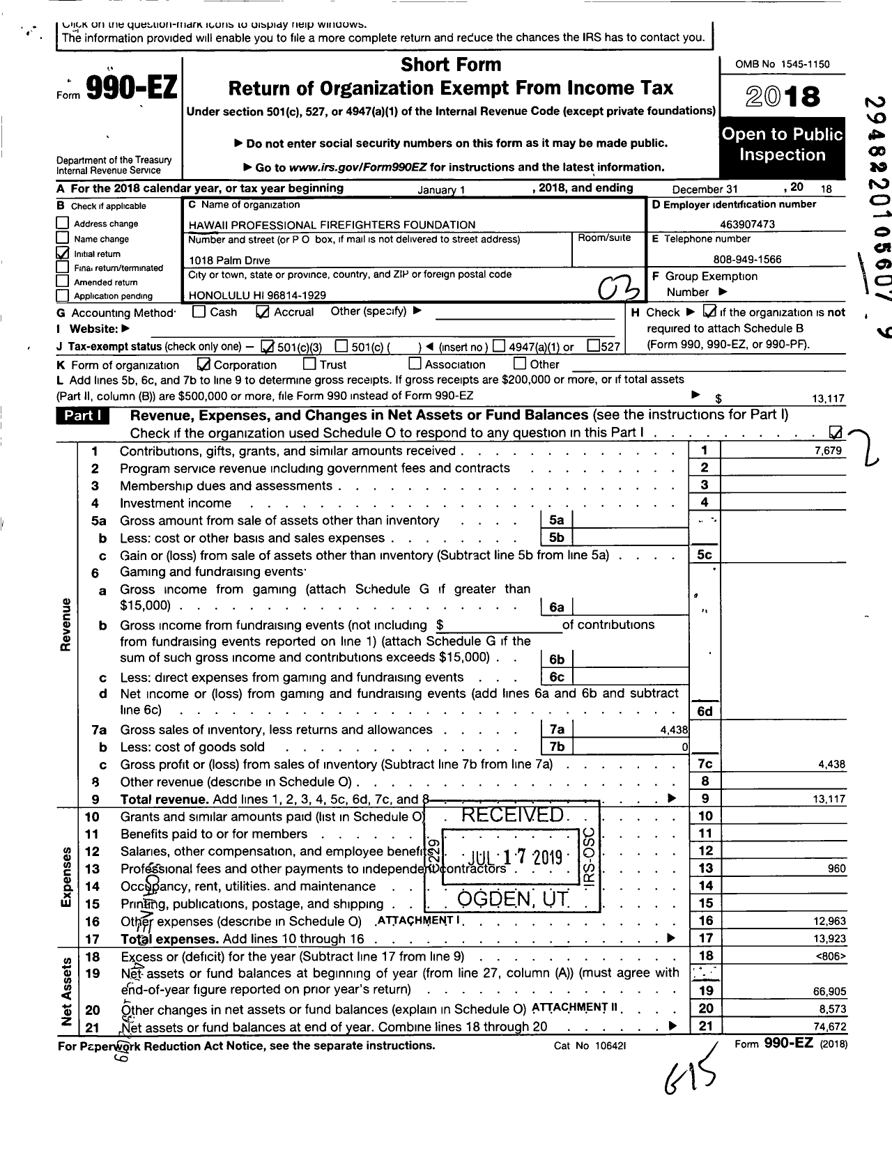 Image of first page of 2018 Form 990EZ for Hawaii Professional Firefighters Foundation