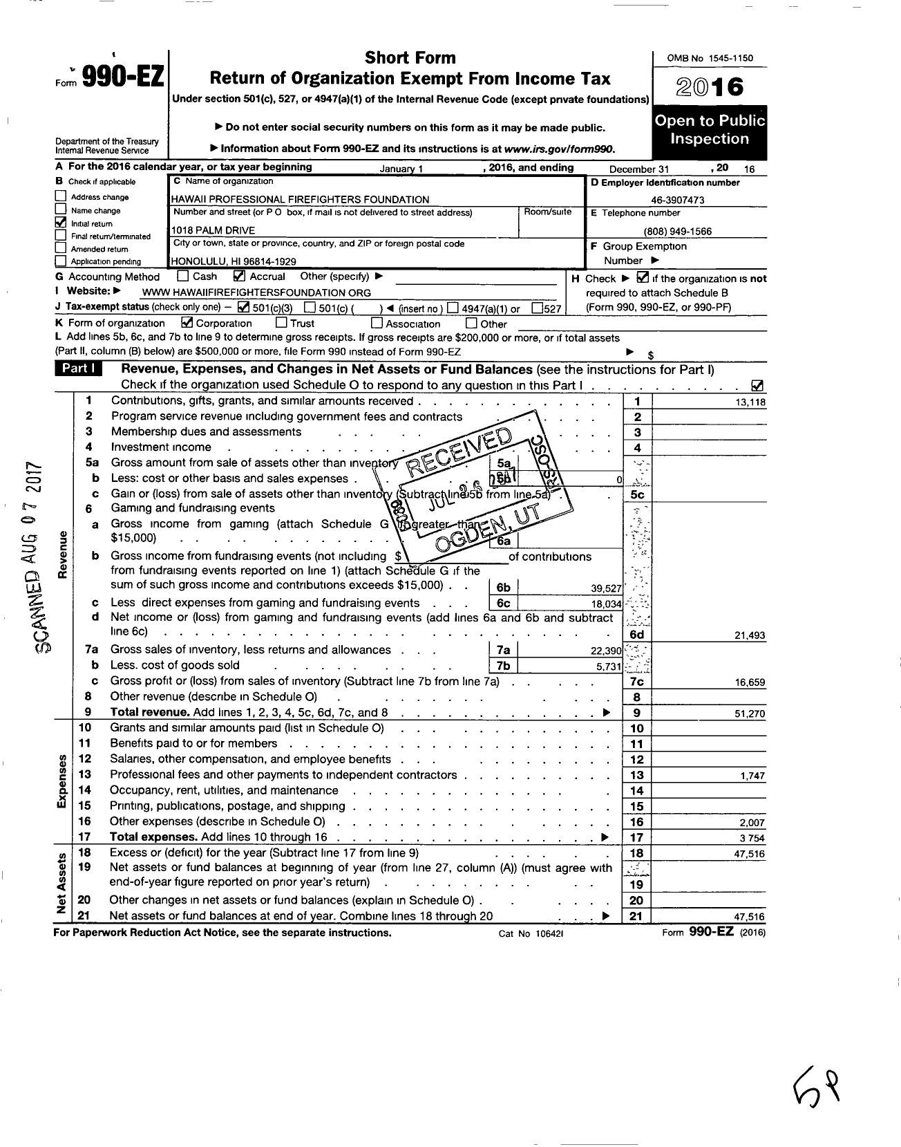 Image of first page of 2016 Form 990EZ for Hawaii Professional Firefighters Foundation