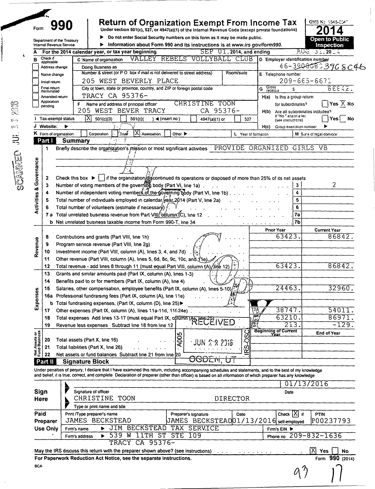 Image of first page of 2013 Form 990 for Amateur Athletic Union - Valley Rebels Volleyball Club