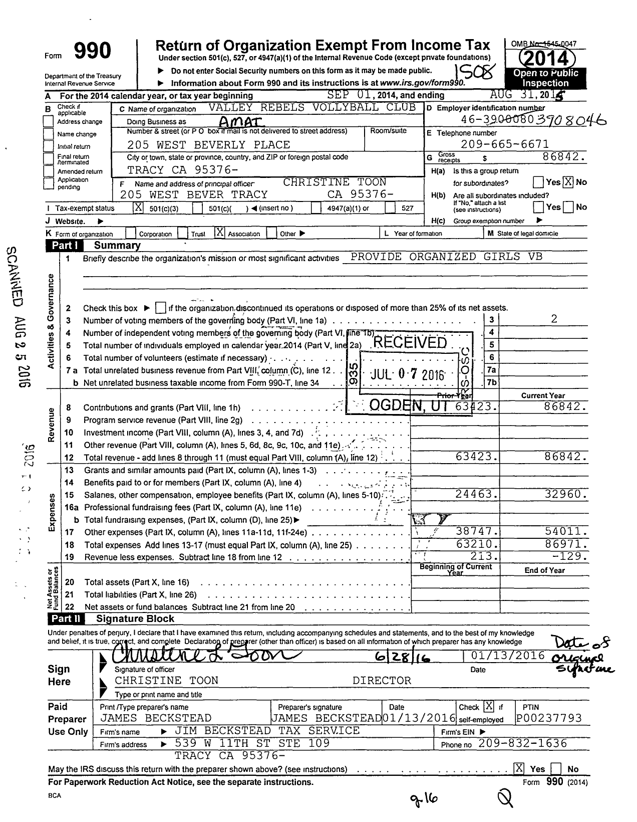 Image of first page of 2014 Form 990 for Amateur Athletic Union - Valley Rebels Volleyball Club