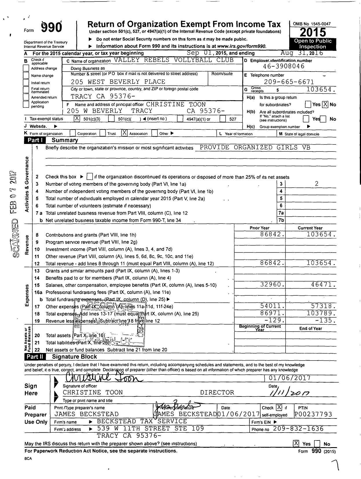 Image of first page of 2015 Form 990 for Amateur Athletic Union - Valley Rebels Volleyball Club