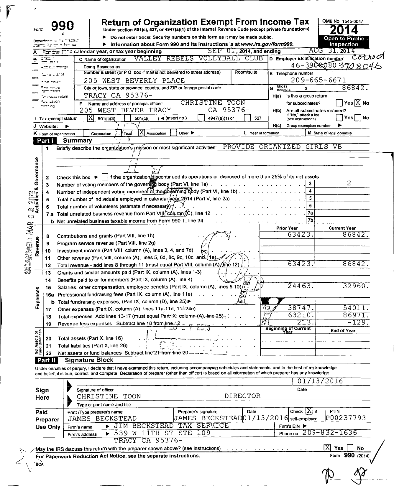 Image of first page of 2013 Form 990 for Amateur Athletic Union - Valley Rebels Volleyball Club