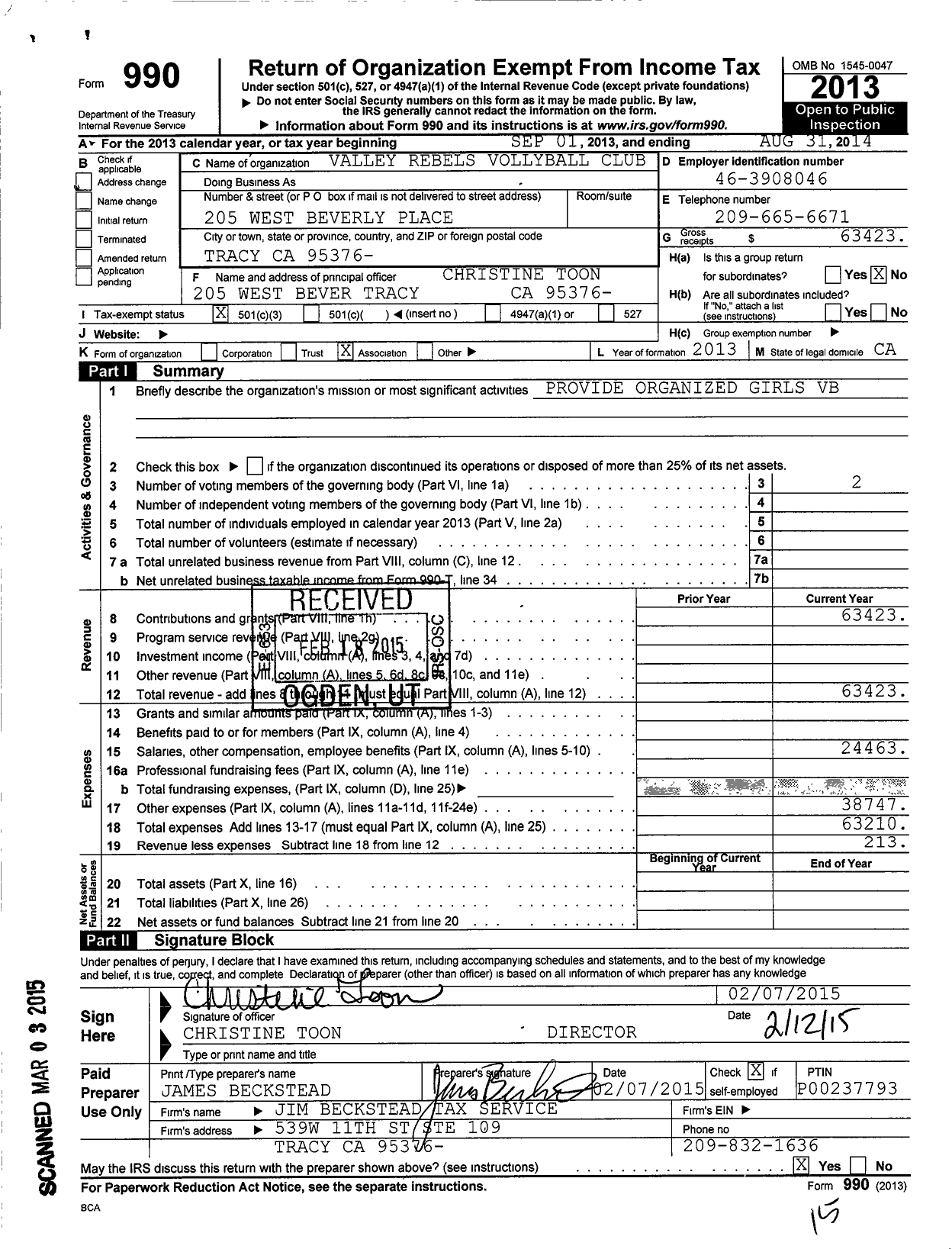 Image of first page of 2013 Form 990 for Amateur Athletic Union - Valley Rebels Volleyball Club