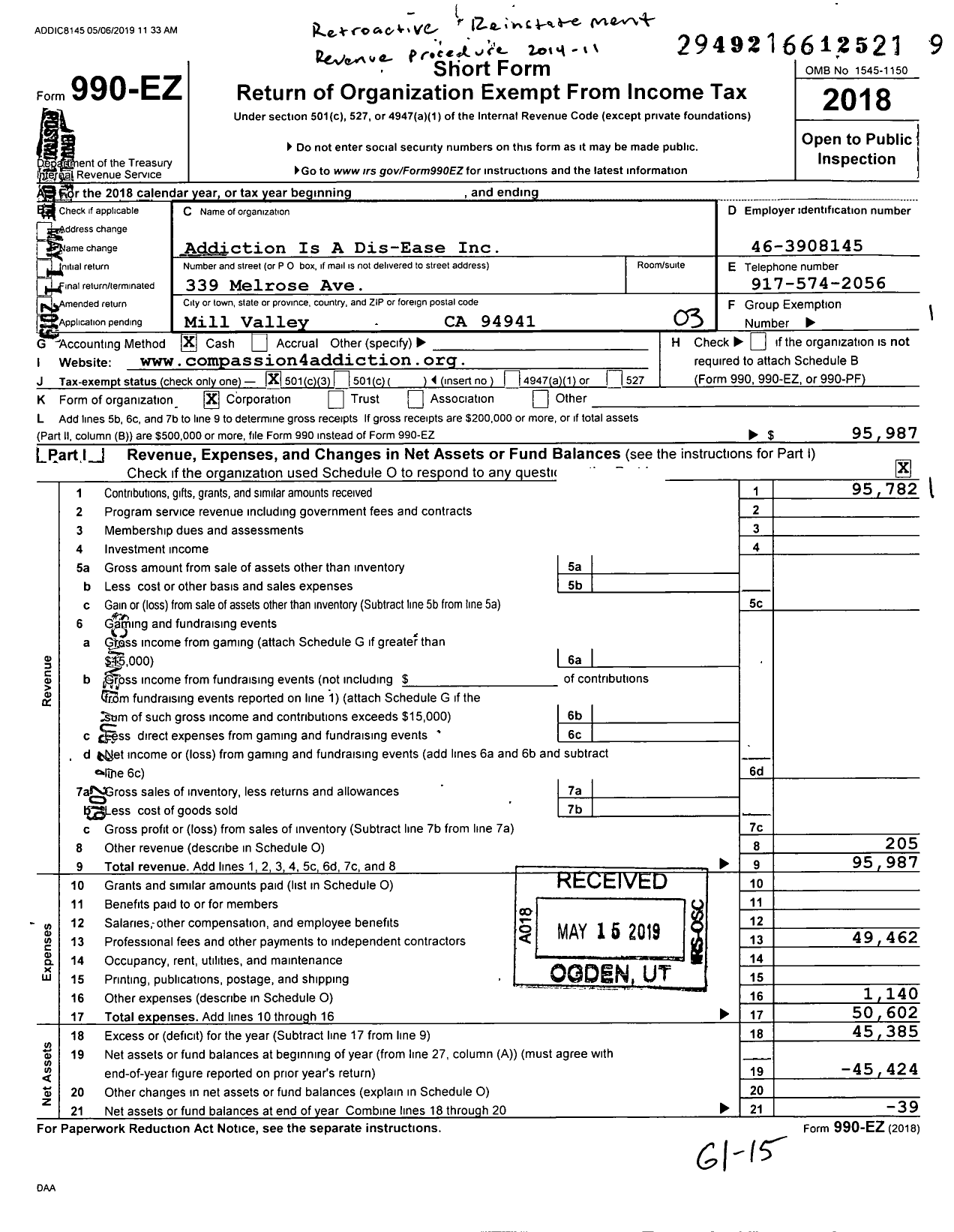 Image of first page of 2018 Form 990EZ for Addiction Is A Dis-Ease