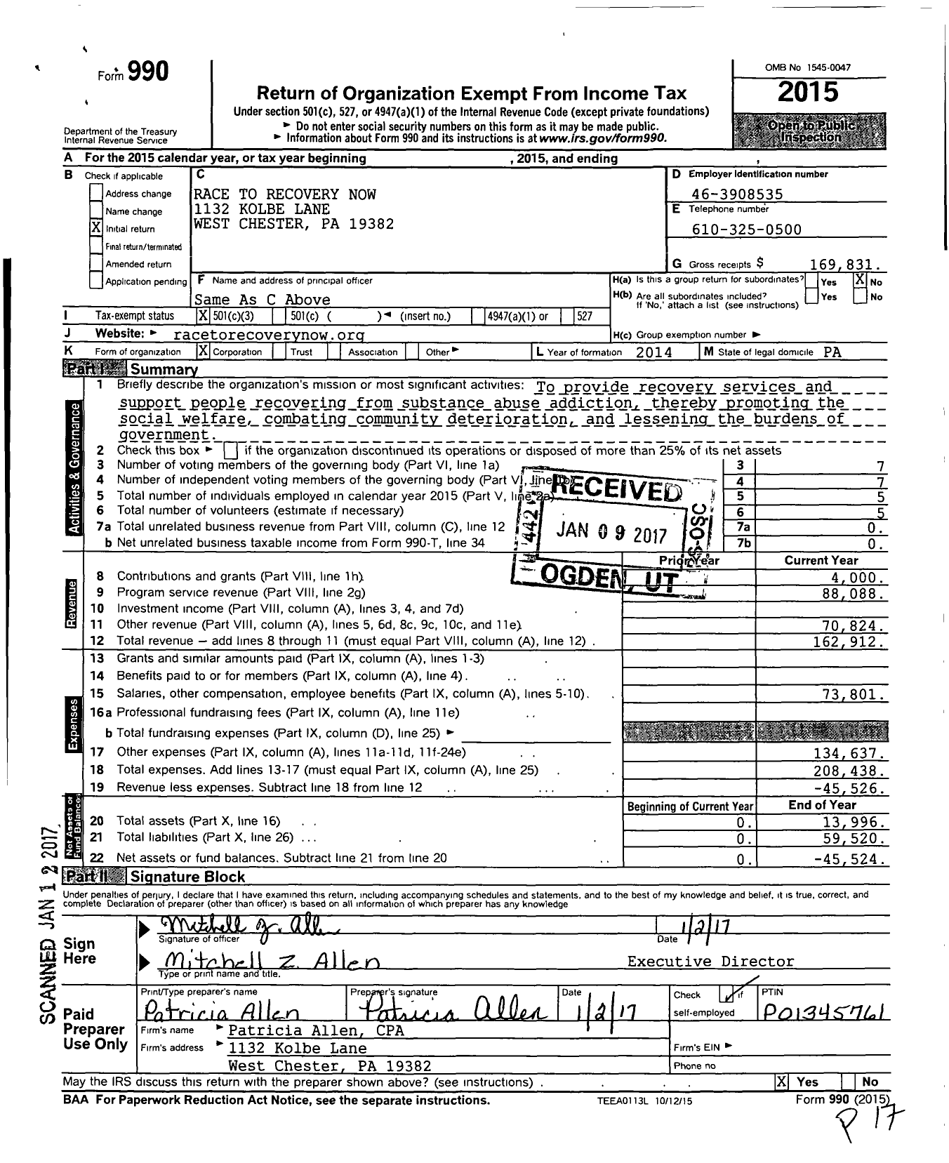 Image of first page of 2015 Form 990 for Race To Recovery Now