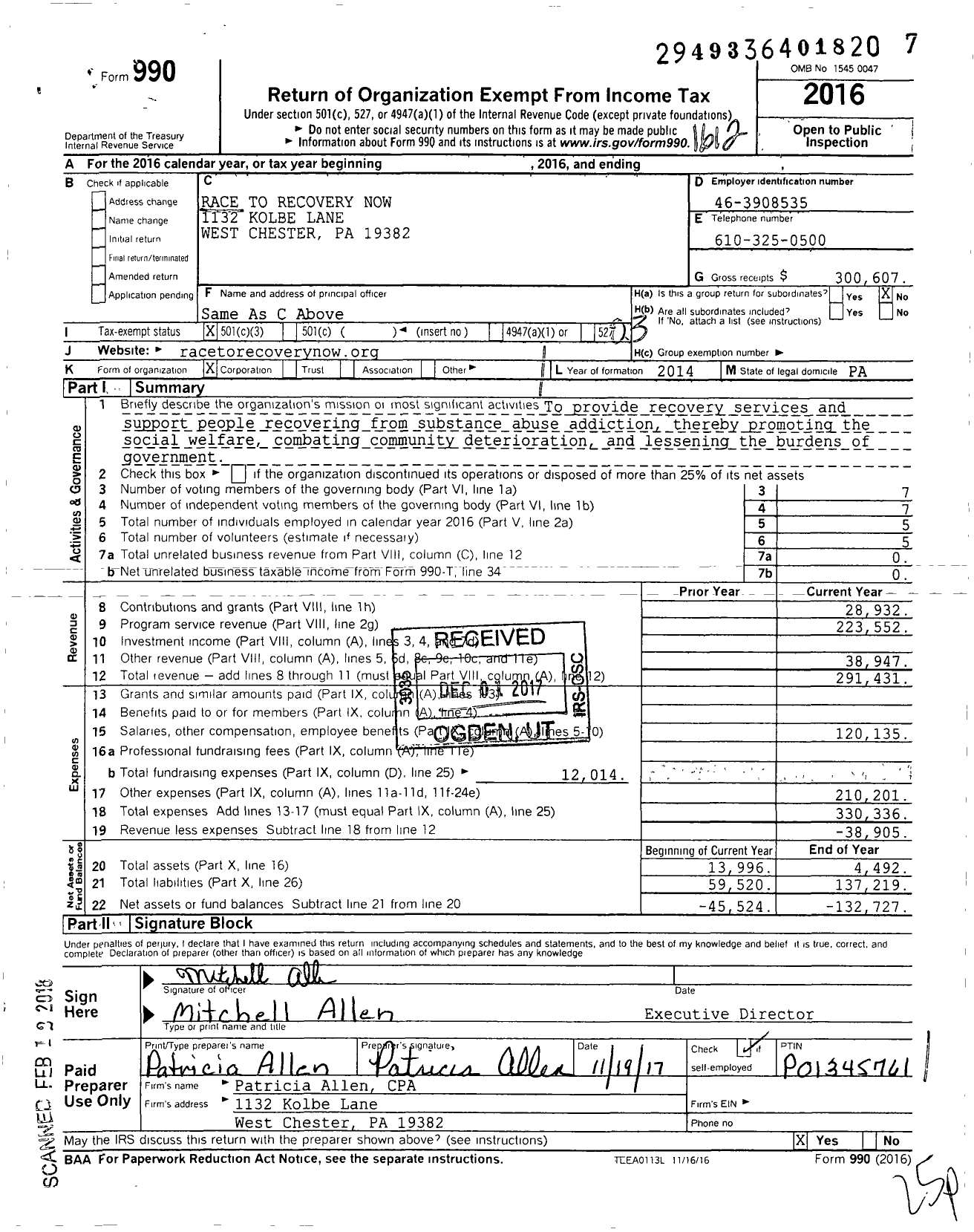 Image of first page of 2016 Form 990 for Race To Recovery Now