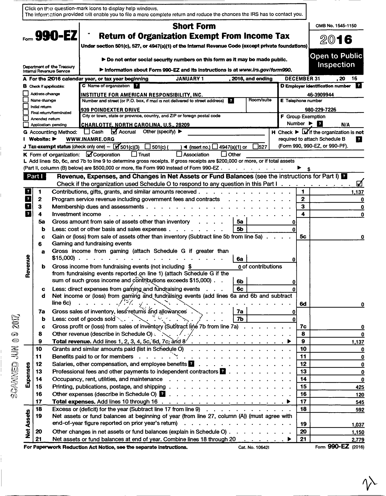 Image of first page of 2016 Form 990EZ for Institute for American Responsibility