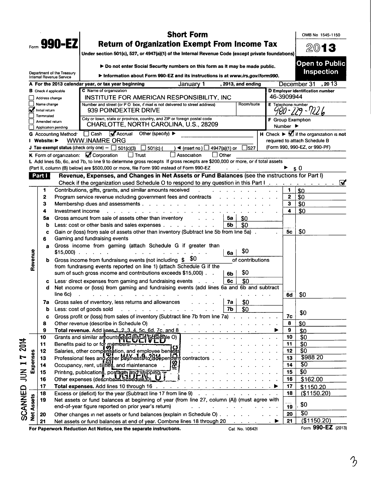 Image of first page of 2013 Form 990EO for Institute for American Responsibility