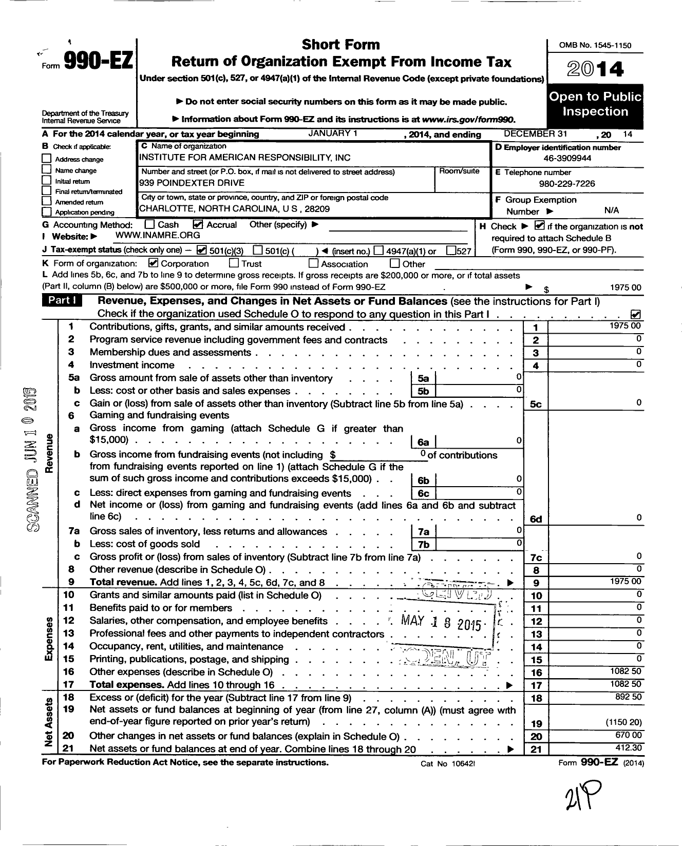 Image of first page of 2014 Form 990EZ for Institute for American Responsibility