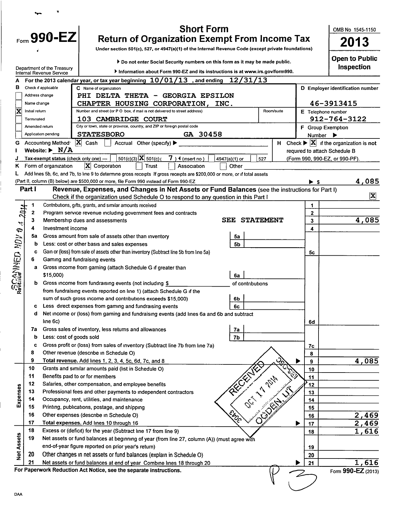 Image of first page of 2013 Form 990EO for Phi Delta Theta - Georgia Epsilon Chapter Housing Corporation