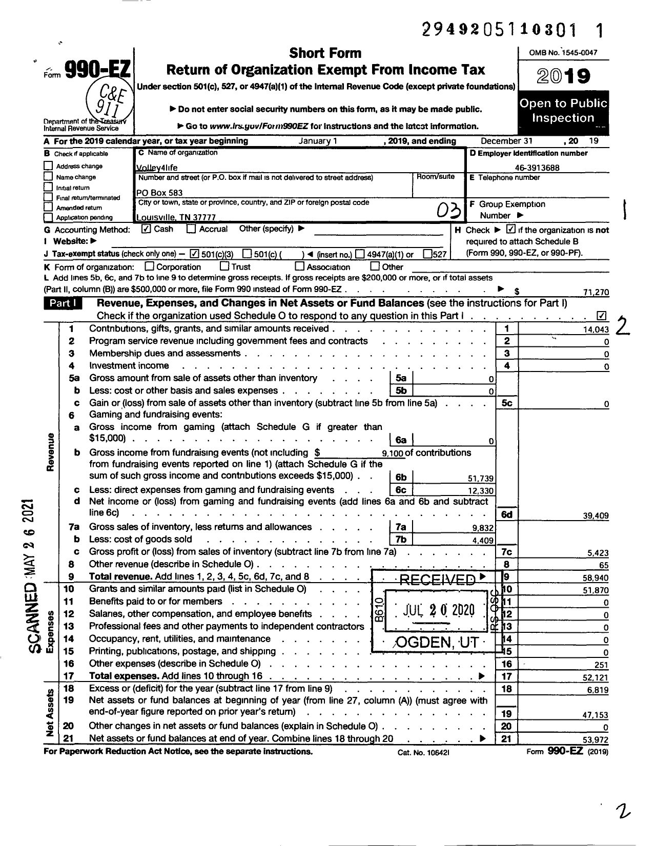 Image of first page of 2019 Form 990EZ for Volley4life